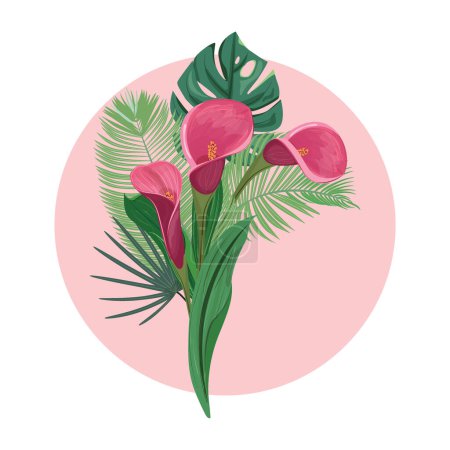 Foto de Ramillete de flores de calas rosadas adornadas con exuberantes hojas tropicales. Perfecto para añadir un toque de sofisticación a tus diseños, invitaciones y arreglos florales - Imagen libre de derechos