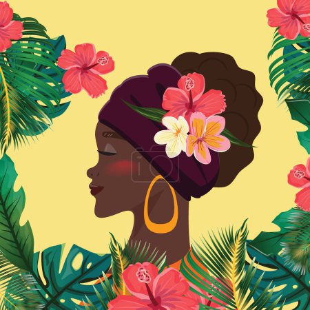Atemberaubende Illustration einer schwarzen Frau mit geschlossenen Augen und einem Kopftuch, das mit lebendigem Hibiskus, Federkleid und sattgrünen tropischen Blättern geschmückt ist. Black Lives Matter