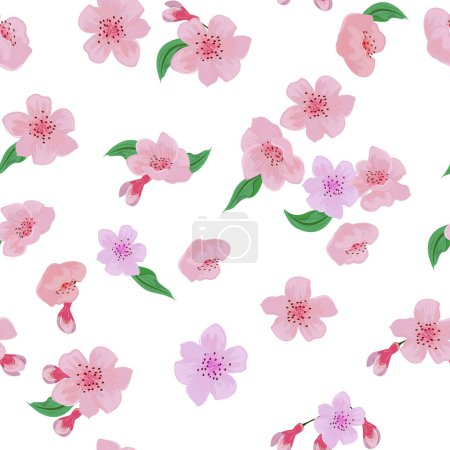 Foto de Patrón sin costuras adornado con delicadas flores de flor de cerezo y hojas verdes sobre un fondo blanco. Para textiles, papel, tarjetas, papel pintado, tela, diseño de superficies - Imagen libre de derechos