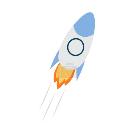 Cartoon illustration with a launching rocket in blue and white, emitting a fiery trail at the bottom. Adventure, curiosity, startup  