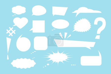 Speech bubbles set against on blue background. Variety of shapes like hearts, clouds, splashes, bombs, question marks, exclamation marks, dots, hashtags, squares