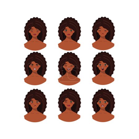 Illustration for Collection of expressive portraits of pretty black woman. From happiness to sadness, anger to surprise. Black woman with different expressions. - Royalty Free Image