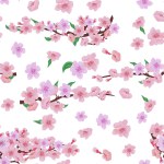 Seamless pattern adorned with delicate cherry blossom flowers and green leaves on a white background. For textile, paper, cards, wallpaper, fabric, surface design