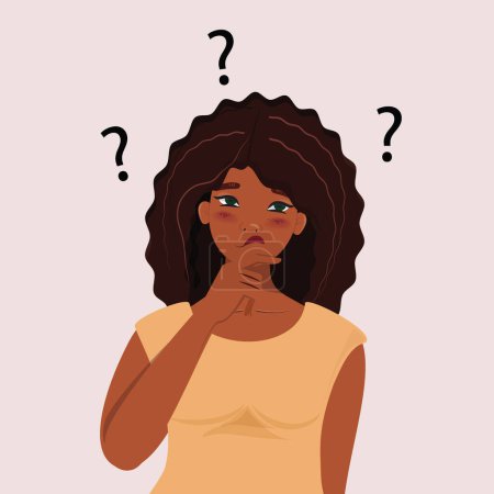 Jeune femme noire aux cheveux bouclés dans un moment réfléchi et confus. La pose expressive transmet un mélange de contemplation et de curiosité