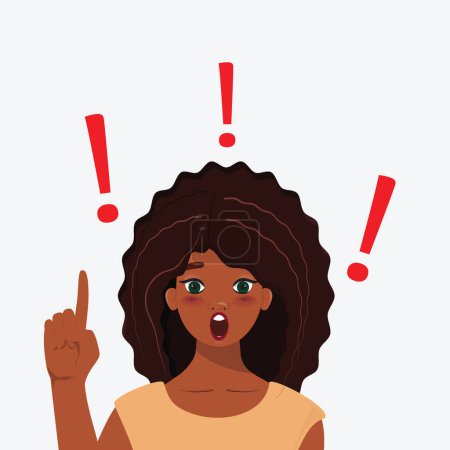 Ilustración de Mujer negra levantando el dedo índice, rodeada de signos de exclamación rojos. Expresión visual de fuerza, confianza, sorpresa, perspicacia y positividad - Imagen libre de derechos