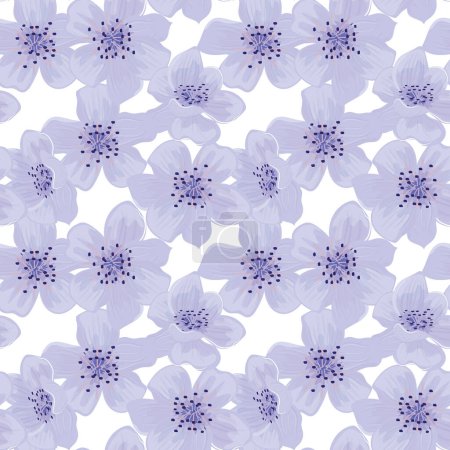 Nahtloses Blumenmuster mit zarten lila Kirschblüten, die anmutig auf einem makellosen weißen Hintergrund verstreut sind. Für Textilien, Papier, Tapeten, Karten