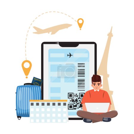 Man planning his trip from a laptop.  Surrounded by a boarding pass on a big cellphone, suitcase, passport, calendar and iconic symbols like the Eiffel Tower and airplane