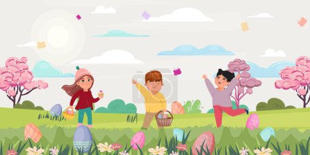 Foto de Los niños en una búsqueda de huevos al aire libre en el día soleado, flores y mariposas alrededor. Ilustración de Pascua - Imagen libre de derechos