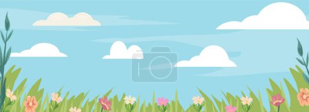 Foto de Banner largo con flores vibrantes sobre un telón de fondo de un cielo azul sereno salpicado de nubes blancas esponjosas. Plantilla primavera verano - Imagen libre de derechos