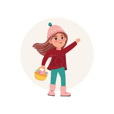 Foto de Linda chica con una gorra rosa sosteniendo su cesta llena de coloridos huevos de Pascua. Ilustración de Pascua de niña con huevos pintados - Imagen libre de derechos