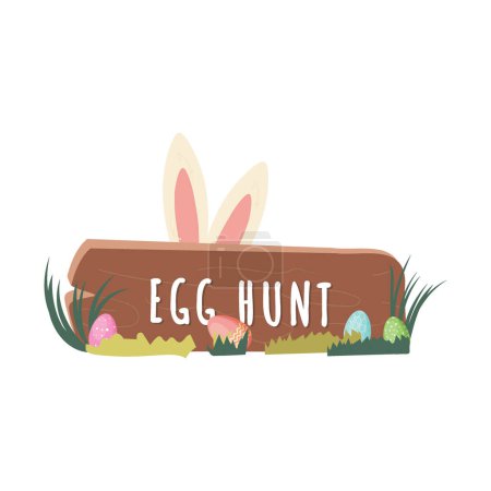 Wooden shield adorned with colorful Easter eggs stands amidst lush grass, while playful bunny ears peek from behind