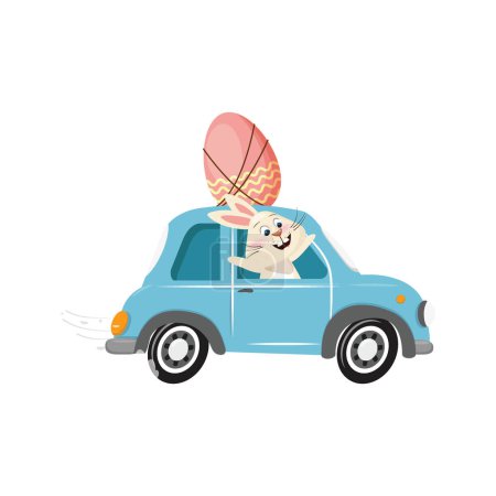 Foto de Lindo conejito se acelera en un coche azul, entregando un huevo rosa gigante sobre su techo. Ilustración de vacaciones de Pascua - Imagen libre de derechos