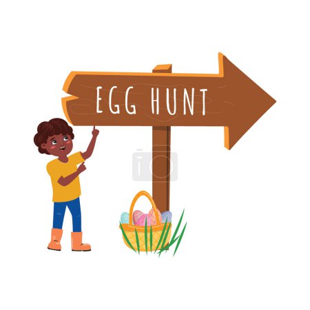 Téléchargez les illustrations : Le garçon noir, pointant avec impatience le bouclier de chasse aux œufs, se tient au milieu d'un champ herbeux luxuriant où des œufs peints colorés. Événement de Pâques - en licence libre de droit
