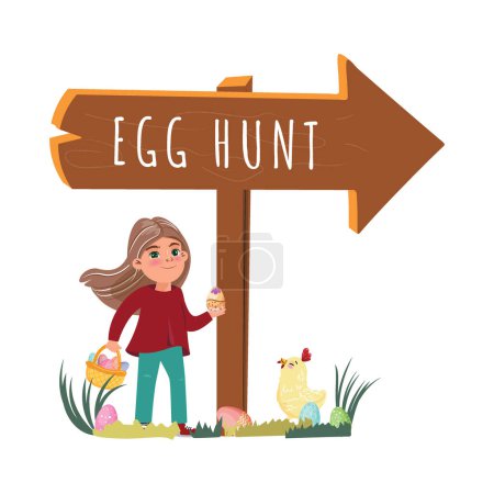 Chica alegre, una mano sosteniendo un huevo pintado, la otra agarrando una cesta llena de huevos de colores, se encuentra al lado de un escudo de caza de huevos. Una linda chica caminando junto a ella