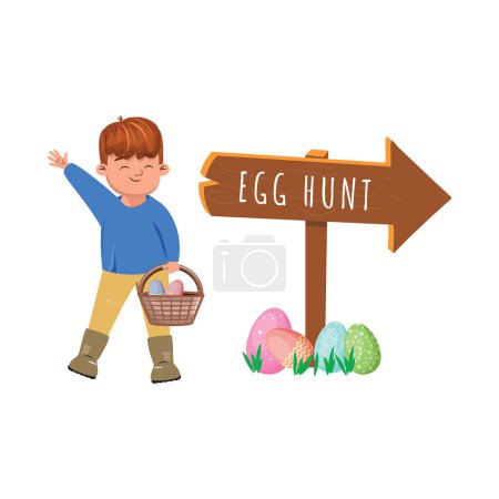 Foto de Ilustración de Pascua con un niño. Niño feliz se levanta orgullosamente con su cesta de huevos pintados, listo para buscar más tesoros escondidos entre los campos de hierba - Imagen libre de derechos