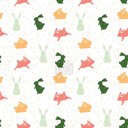 Foto de Patrón sin costuras con siluetas de conejo de colores colocados sobre un encantador fondo punteado. Para textiles, papel de regalo, tarjetas, papel pintado - Imagen libre de derechos
