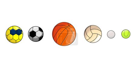 Foto de Colección con una variedad de bolas utilizadas en juegos populares. Fútbol, baloncesto, tenis y golf. Diseños con temática deportiva. - Imagen libre de derechos