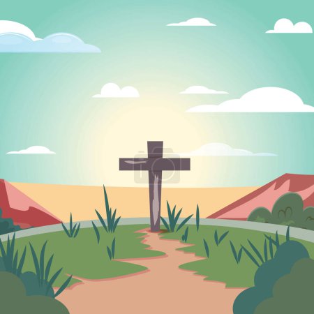 Wooden cross, representing Christian faith, stands amidst a serene path flanked by lush lawns and under a clear sky. Easter illustration