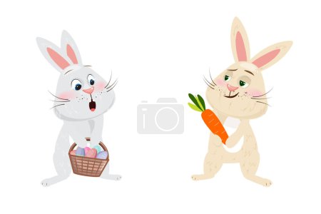One bunny with basket filled with colorful Easter eggs, looking surprised and envy on another bunny holding proudly a carrot