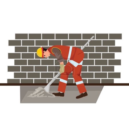 Construction progress. Man in uniform and helmet digging with a big shovel