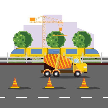 Ilustración de Camión hormigonera navega por la carretera, flanqueado por conos de tráfico ordenado. Paisaje urbano con trenes, edificios imponentes en el fondo - Imagen libre de derechos