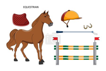 Equestrianism illustration with a horse,  tackling obstacles, helmet, whip, saddle, horse shoes. Sport, hobby concept