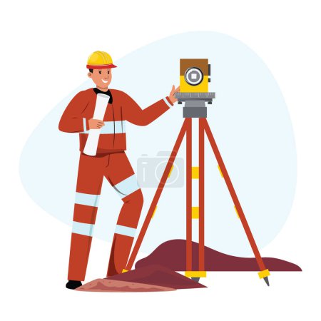 Illustration for Diligent surveyor meticulously measures land for construction, ensuring precise planning and optimal use of space - Royalty Free Image