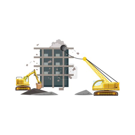 Excavator and demolition ball crane crushing an old building