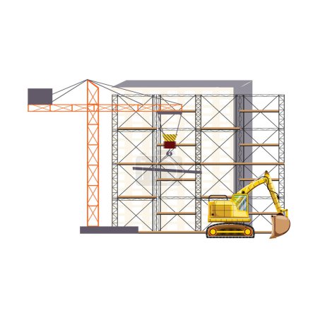 Construction concept illustration with scaffolding, crane and excavator