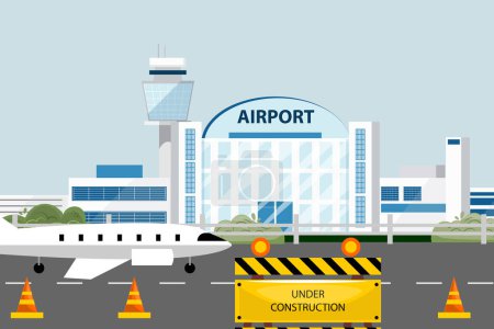 Construcción cerca del aeropuerto con señales de precaución y conos, terminal del aeropuerto, aviones, valla perimetral