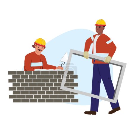Two construction workers, one is carrying a window while the other lays bricks and holds a trowel