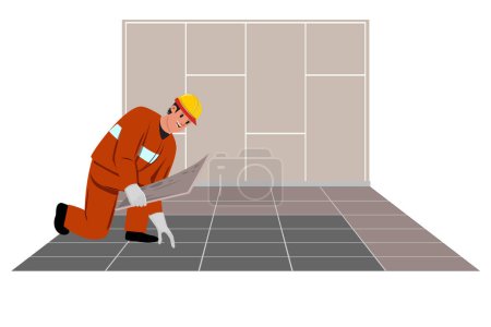 Worker wearing a protective helmet and uniform while repairing a floor with a wall in the background