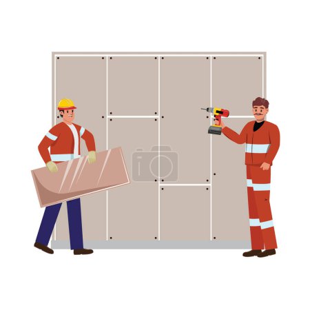 Workers repairing exterior walls. One worker carries a piece of panel for the wall, another holds a drill