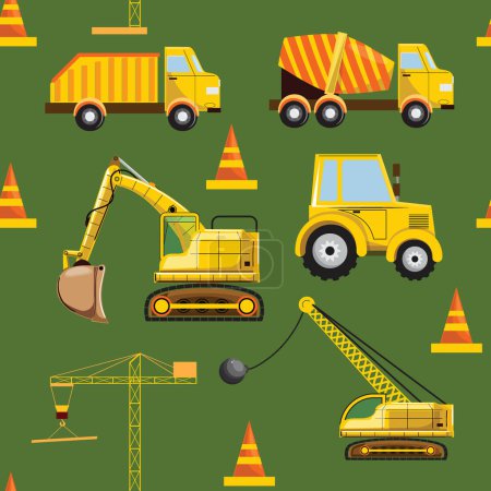 Seamless pattern featuring construction machinery, including tractor, demolition machine, road cones, crane, concrete mixer, and excavator on a green background