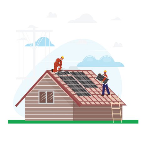 Two workers in protective helmets carefully install solar panels on a house roof, ensuring proper alignment and secure mounting for efficient energy production