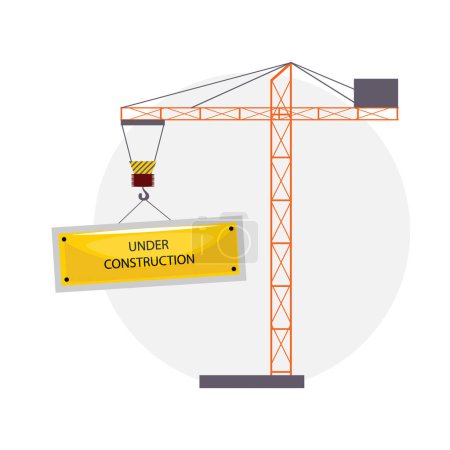 Sitio de construcción con una grúa naranja levantando un escudo de advertencia en construcción