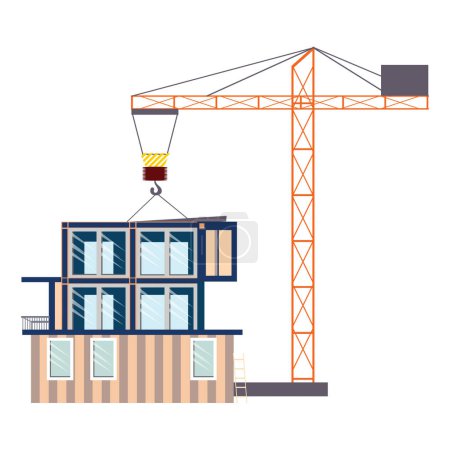 Modern prefab module home with crane nearby. Construction concept illustration