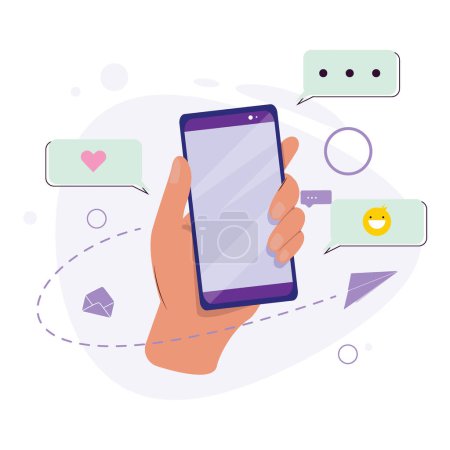 Hand holding cellphone surrounded by emoji, message, heart, paper plane, envelope, and abstract circles.