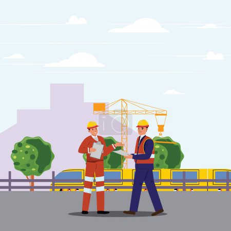 Two male colleagues discussing a new building project, wearing helmets and suits, with buildings and a crane in the background.