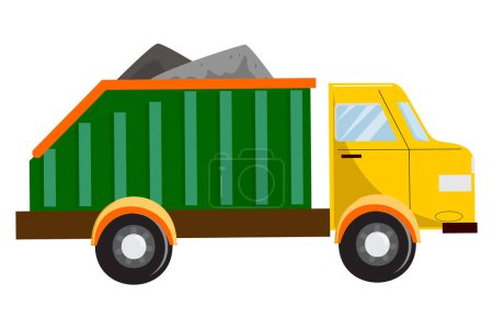 Cartoon illustration of a yellow and green truck transporting soil in a dumpster