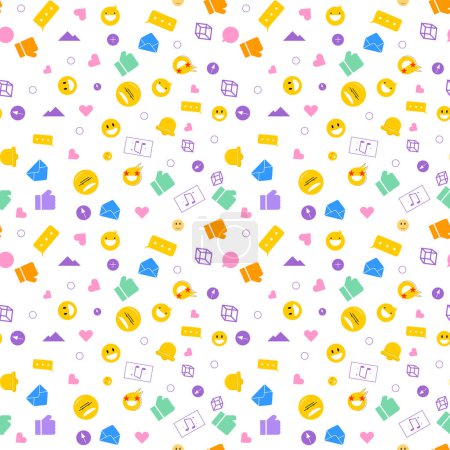 Colorful seamless pattern of social media icons, including likes, messages and notifications