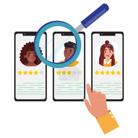 Phones showing portraits of a black woman, black man and white woman, all with star ratings, magnifying glass and finger pointing. Recruitment and online dating concept