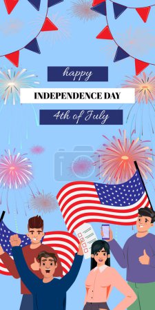 Happy Independence Day Banner. Ein vertikales Banner mit dem Text Happy INDEPENDENCE DAY, 4. Juli mit buntem Feuerwerk, amerikanische Flaggen vor hellblauem Hintergrund