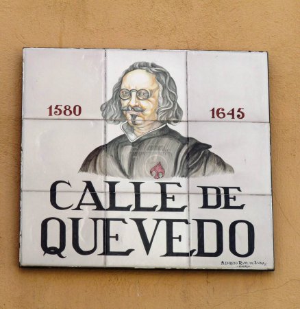 Photo for Plaque on central Madrid street named after Spanish Golden Age writer and poet Francisco de Quevedo, showing his portrait and date of birth and death - Royalty Free Image