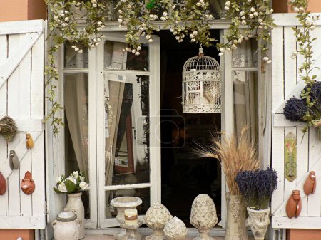 Close up of attractive shop window display with lavender, Arles France. High quality photo