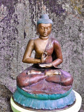 Kleine Buddha-Statue auf einem Sockel, Mulkiligala Rock Tempel, Sri Lanka. Hochwertiges Foto