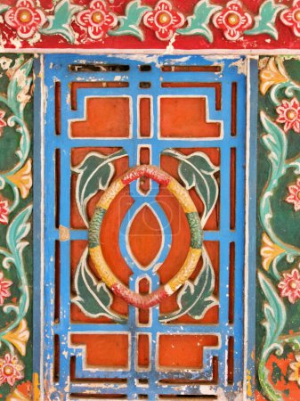 Closeup painted patterned, wood , Thanjavur palace,Tamil Nadu, S India. High quality photo