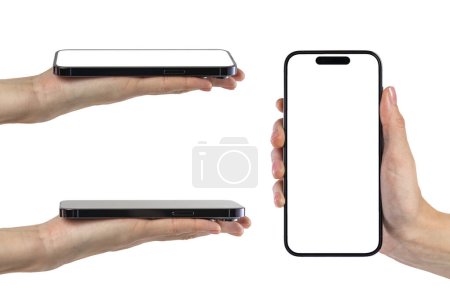 Photo for Phone in hand, set. Modern, new phone in hand isolated on white background from different angles. Mockup set, smartphones in hands from different sides to be inserted into the project. - Royalty Free Image