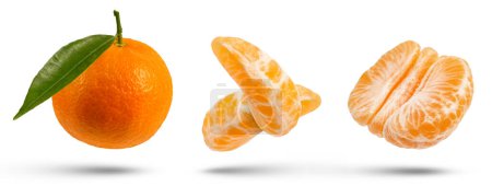 Set of tangerines of different cutting methods on a white isolated background. Differently cut tangerines hang or fall close-up. High quality photo