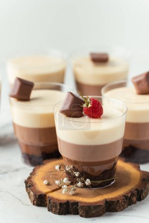 Mehrschichtiges Dessert Kleinigkeiten in einem transparenten Glas. Biskuit und drei Schichten Schokoladenmousse. Schokolade Souffleuse Kleinigkeiten Kuchen in einzelnen transparenten Einweg-Tassen. Weißer Hintergrund